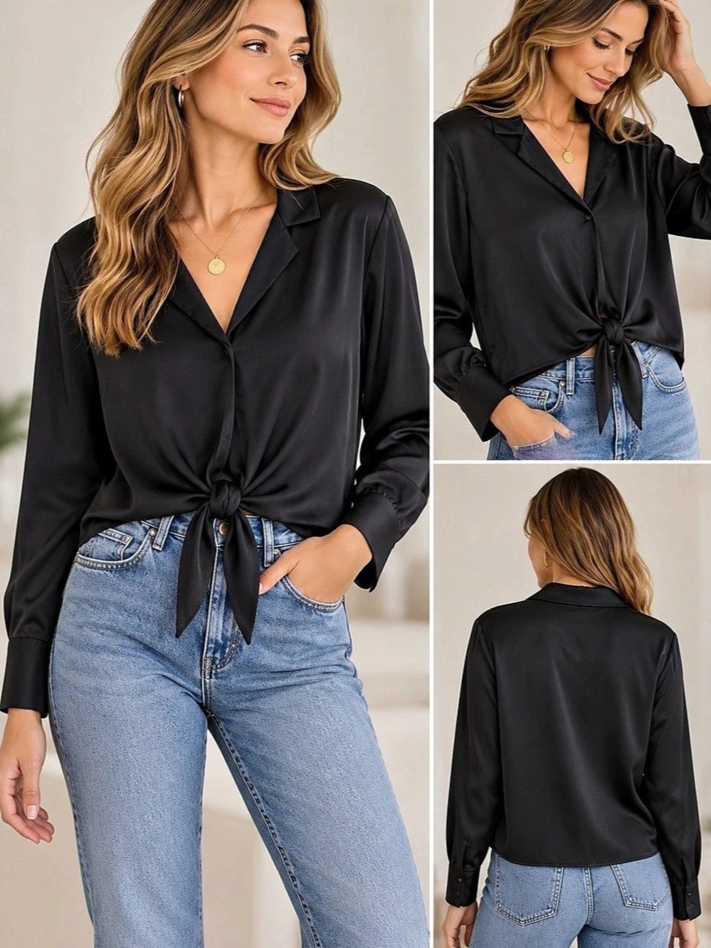 Wilfred Tie-Front Satin Blouse in Black